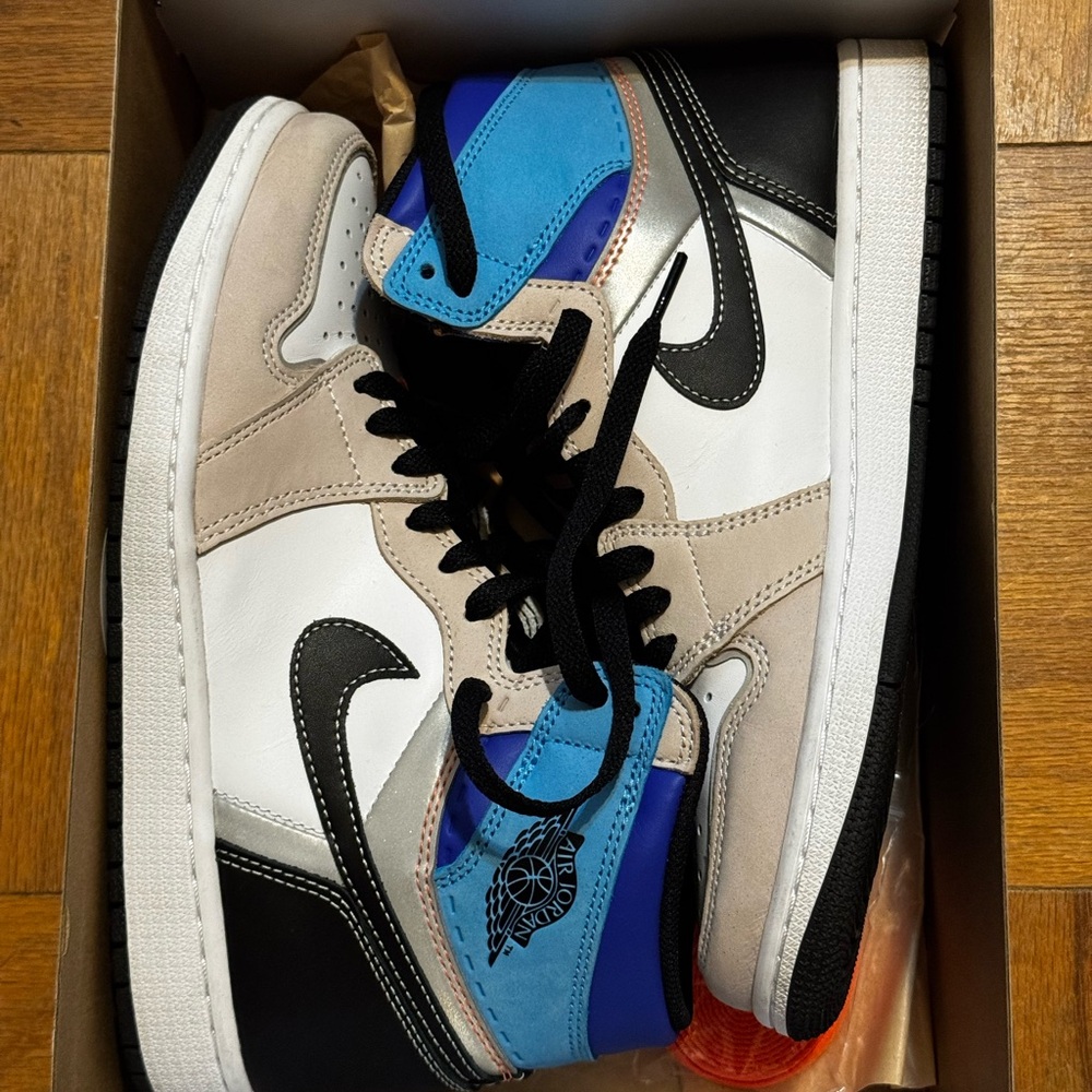 Nike Jordan 1 Men's Black, White, Blue, and Tan Sneakers